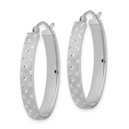 14K W Gold Polished Satin Dia Cut Hoop Earrings