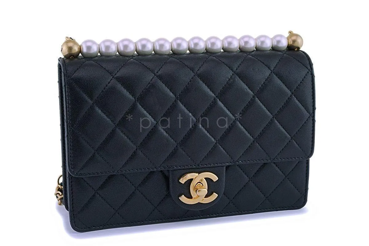 19S Chanel Black Lambskin Chic Pearls Classic Limited Mini Pearl Flap Bag GHW