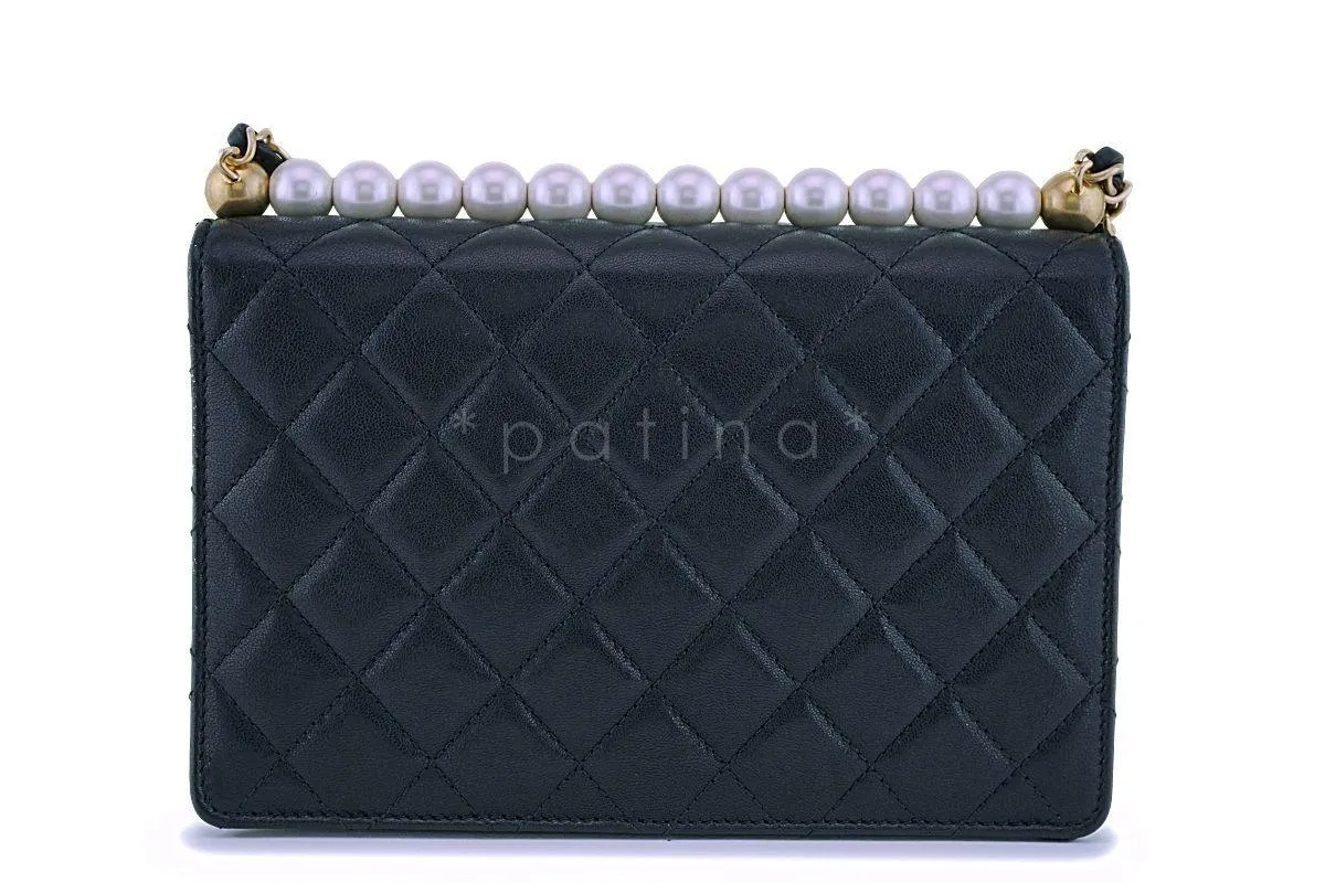 19S Chanel Black Lambskin Chic Pearls Classic Limited Mini Pearl Flap Bag GHW