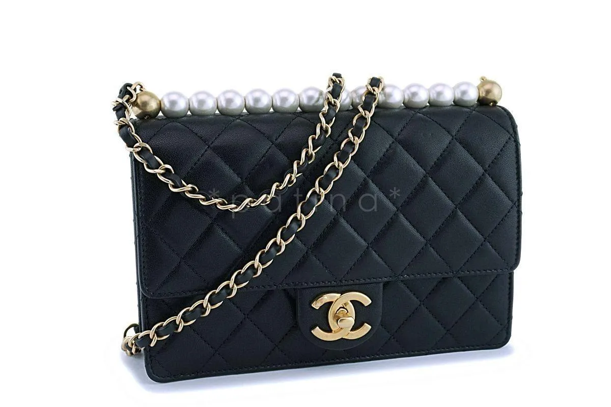 19S Chanel Black Lambskin Chic Pearls Classic Limited Mini Pearl Flap Bag GHW