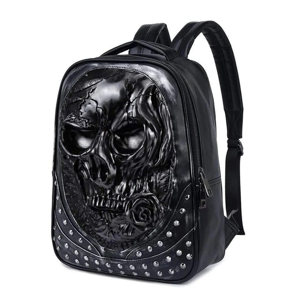 3D Studded Skull Backpack With Rose Laptop Computer Bags