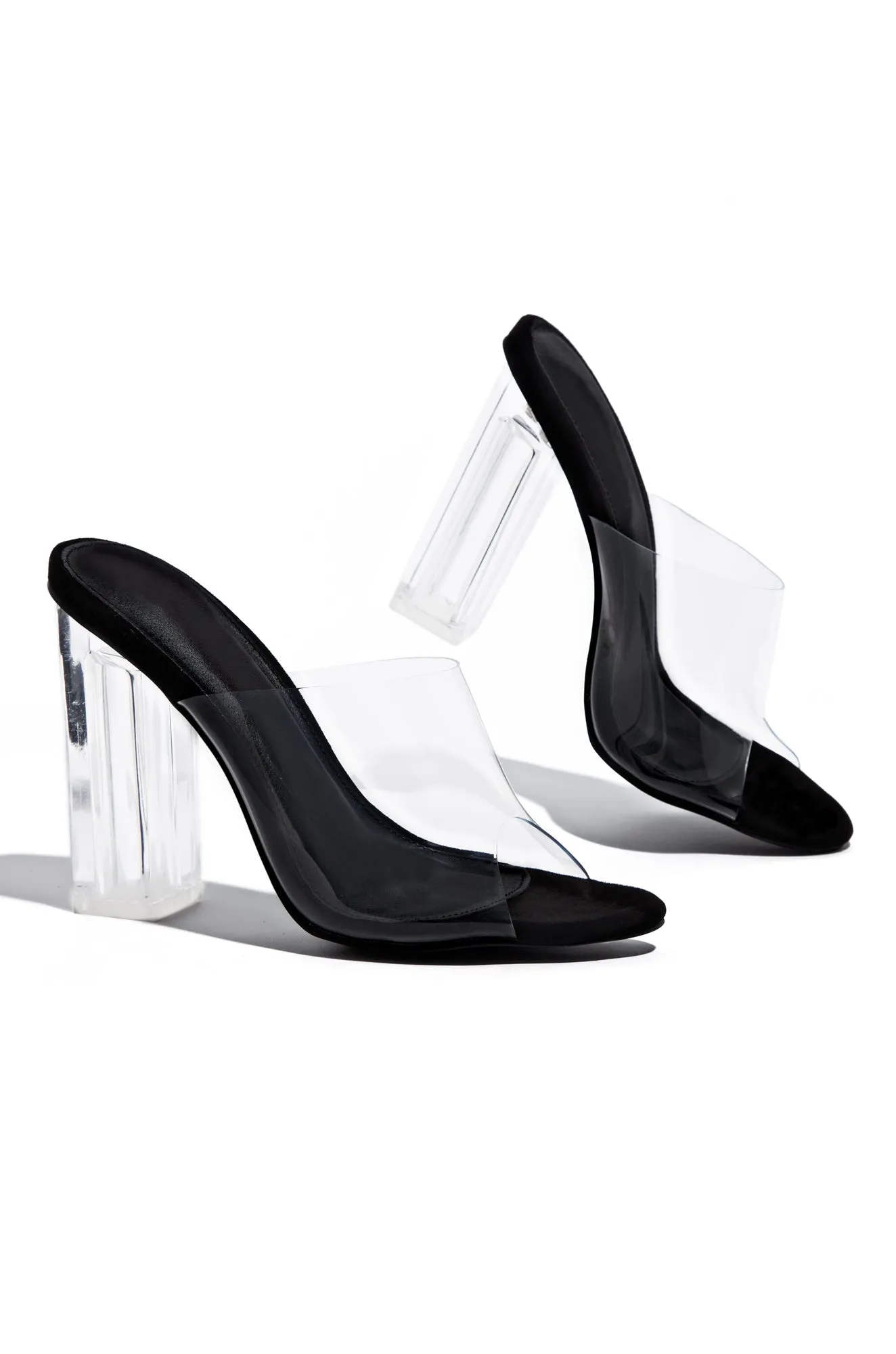 Above Status Clear Strap Block High Heel Mules - Black