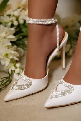 All For Love Heart Embellished High Heels - White