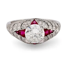 Art Deco Inspired 1.03 Carat Round Brilliant Cut Diamond Ruby Platinum Ring