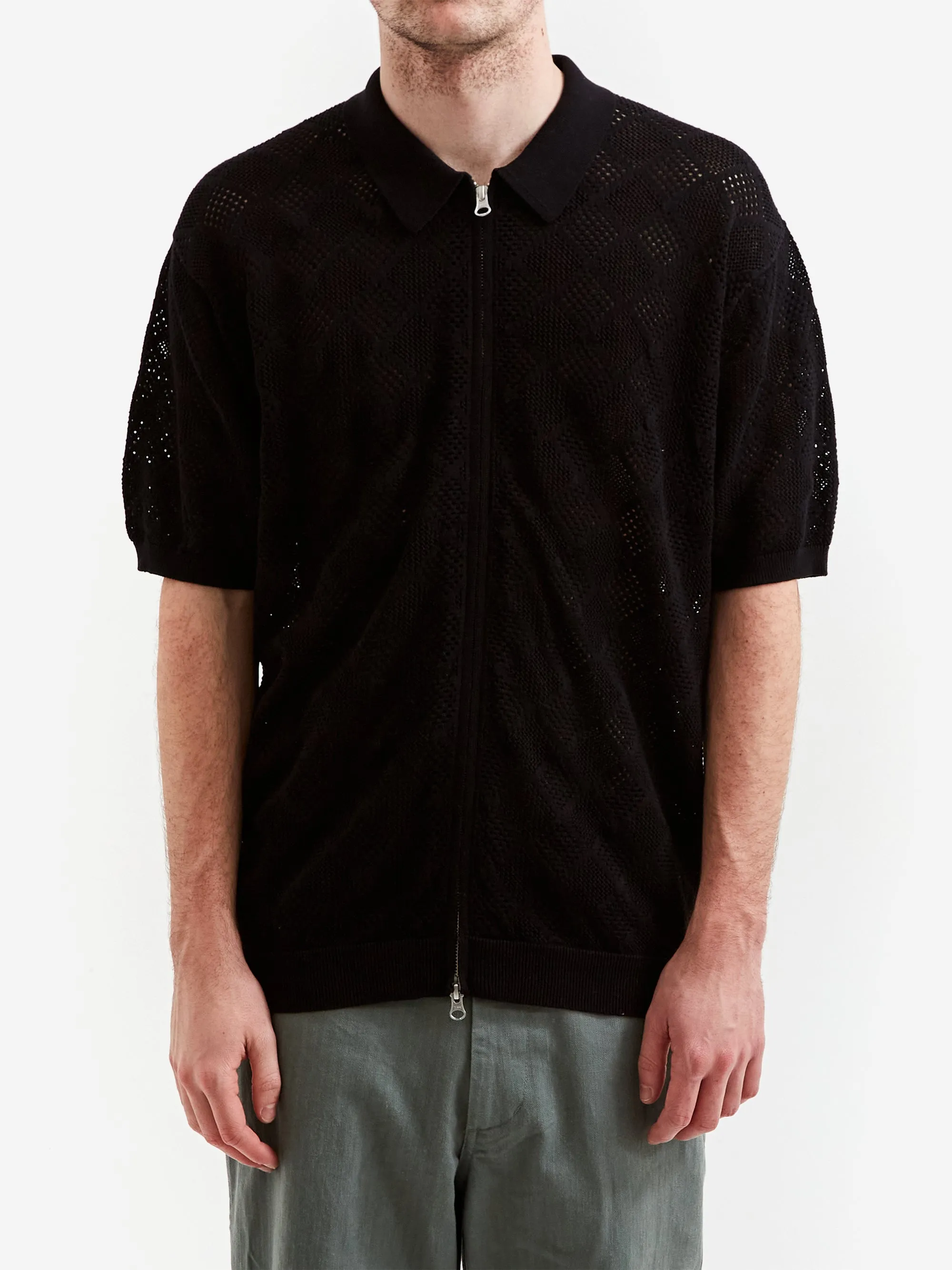 Beams Plus Zip Knit Mesh Polo Mesh - Black