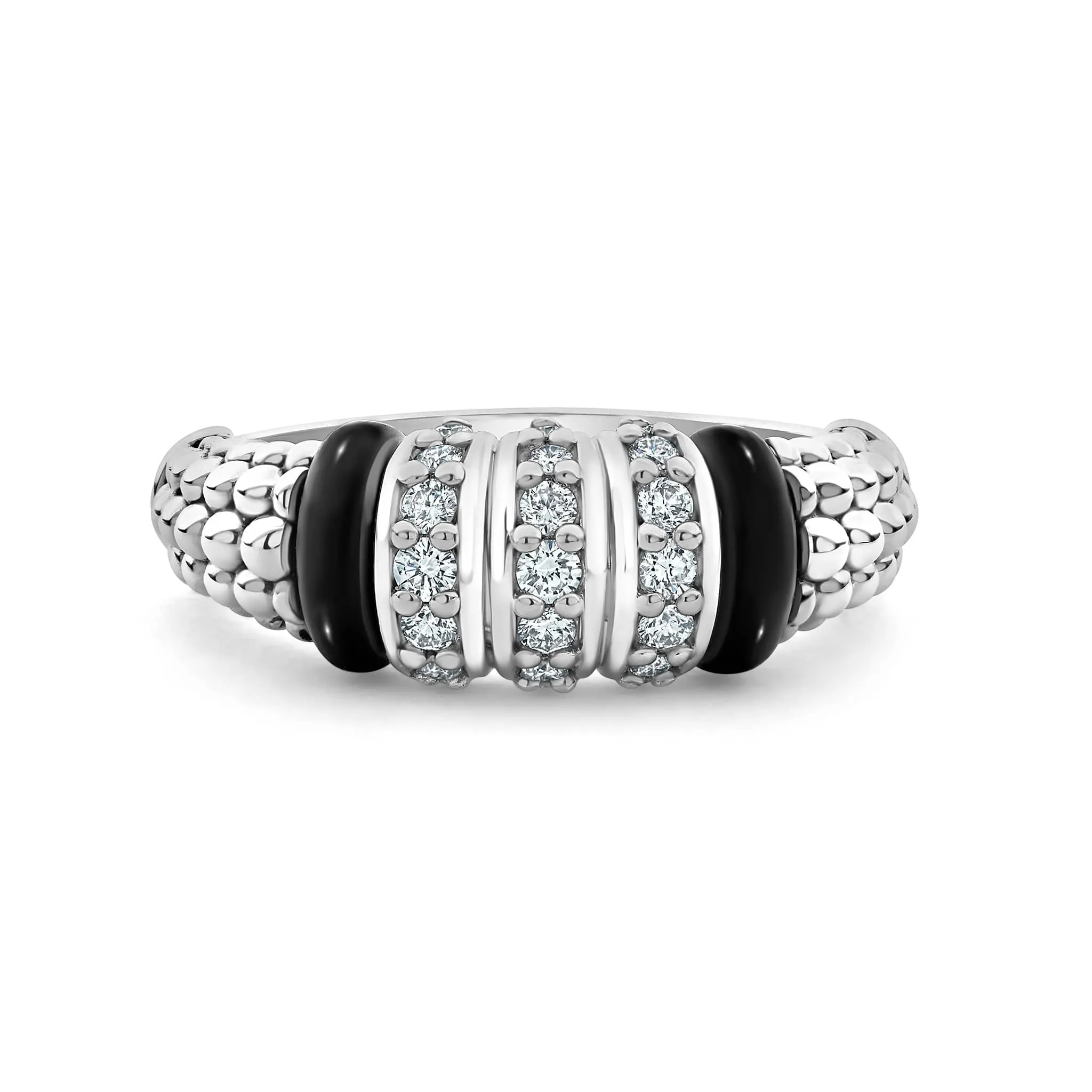 Black Caviar Three Station Diamond Ceramic Caviar Ring