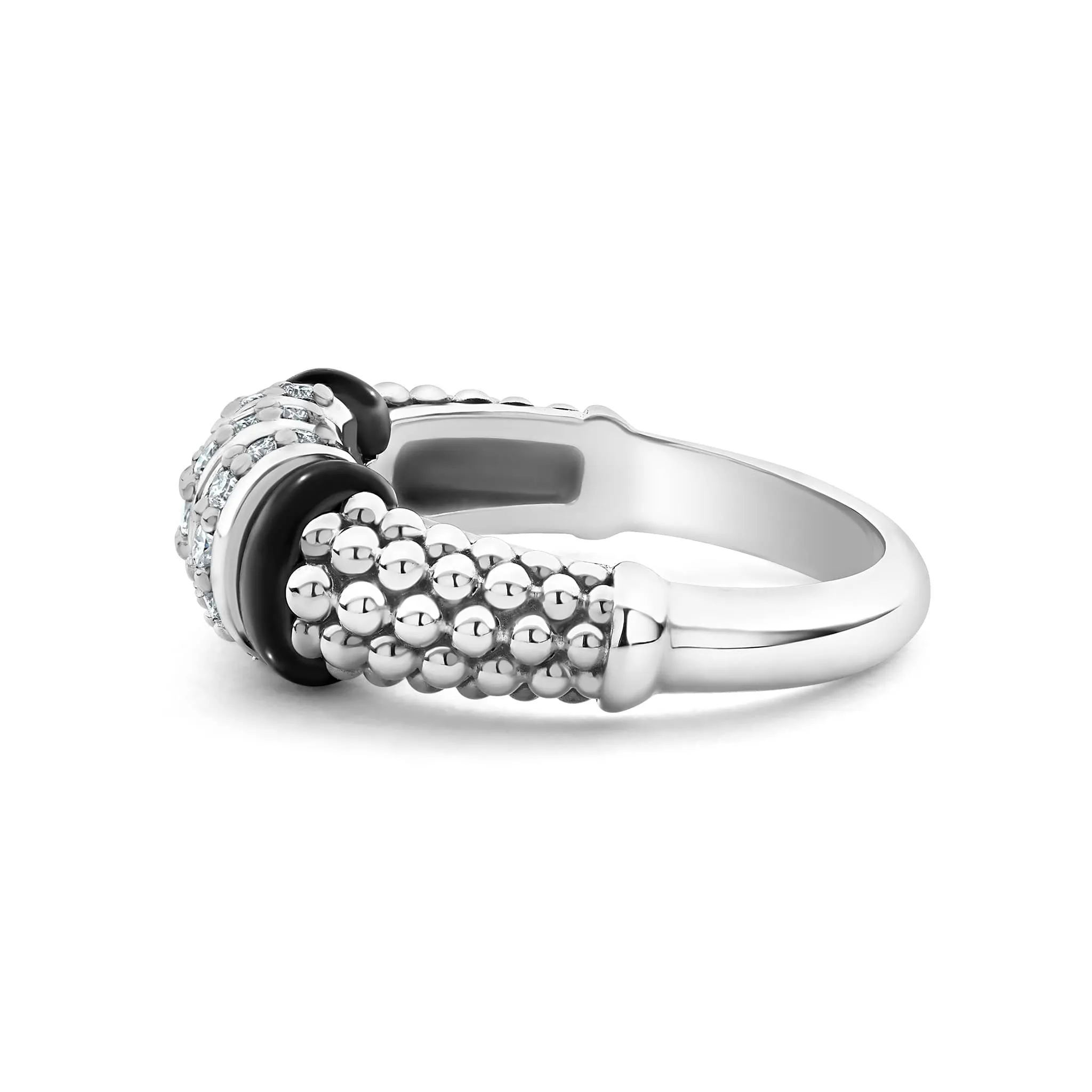 Black Caviar Three Station Diamond Ceramic Caviar Ring