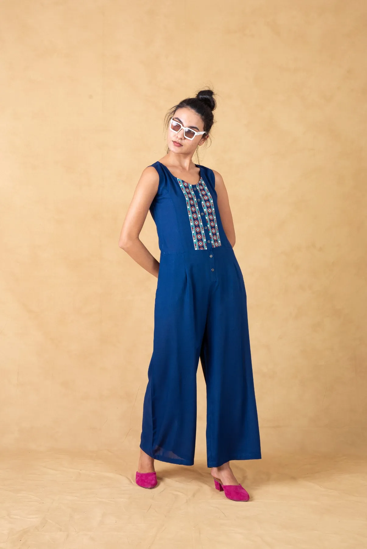 Blue Front Open Jumpsuit With Embroidery