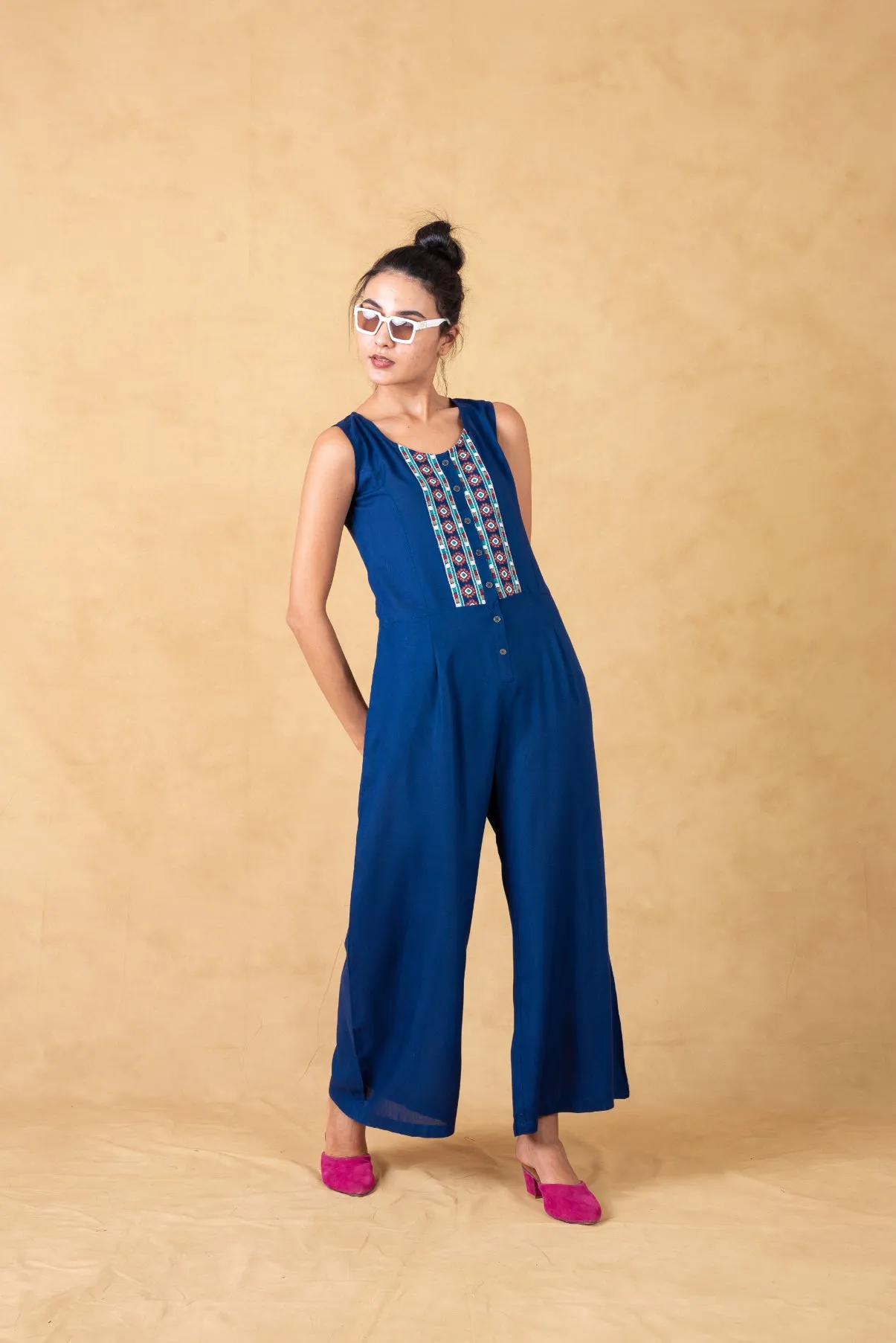 Blue Front Open Jumpsuit With Embroidery