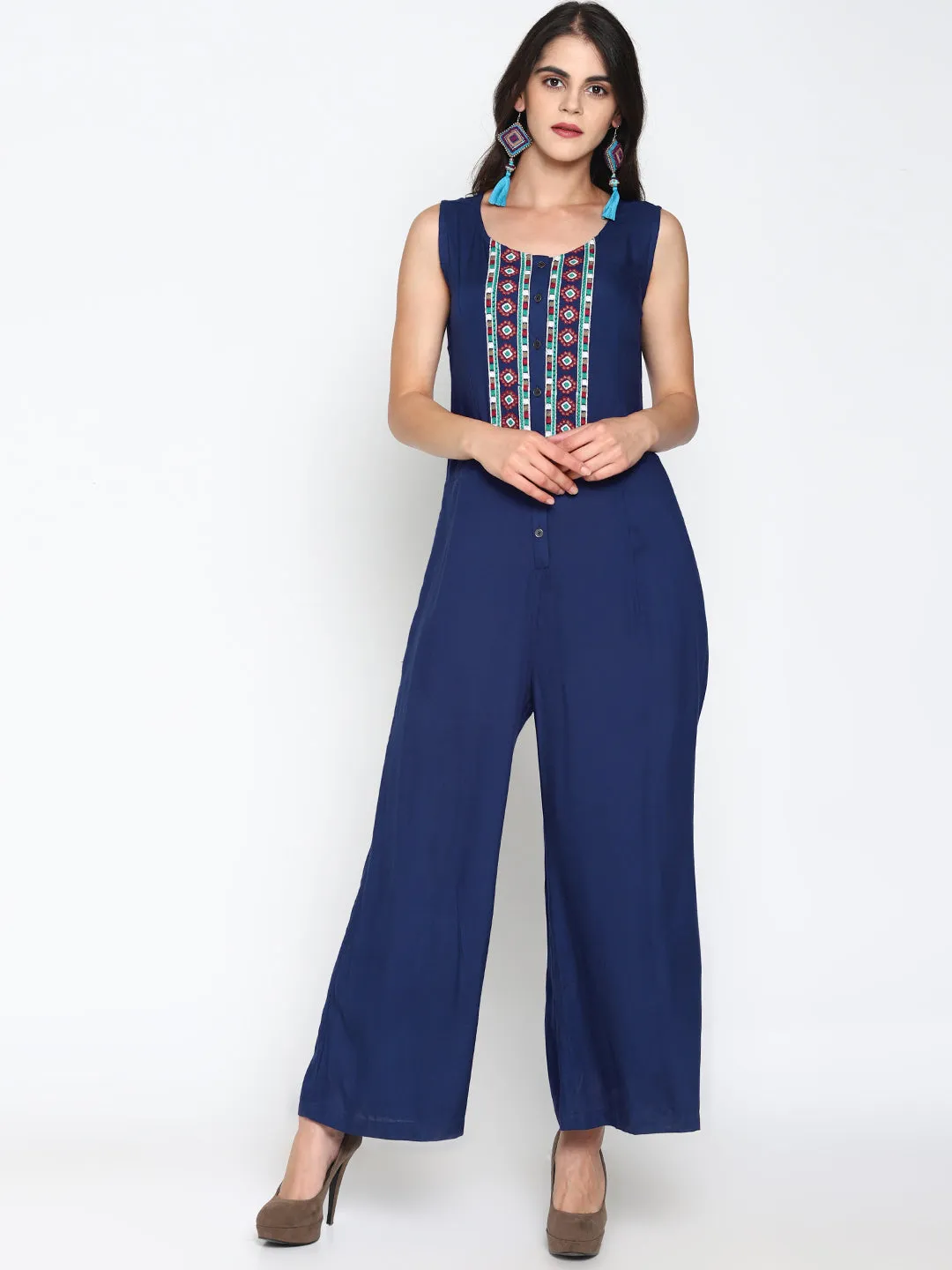 Blue Front Open Jumpsuit With Embroidery