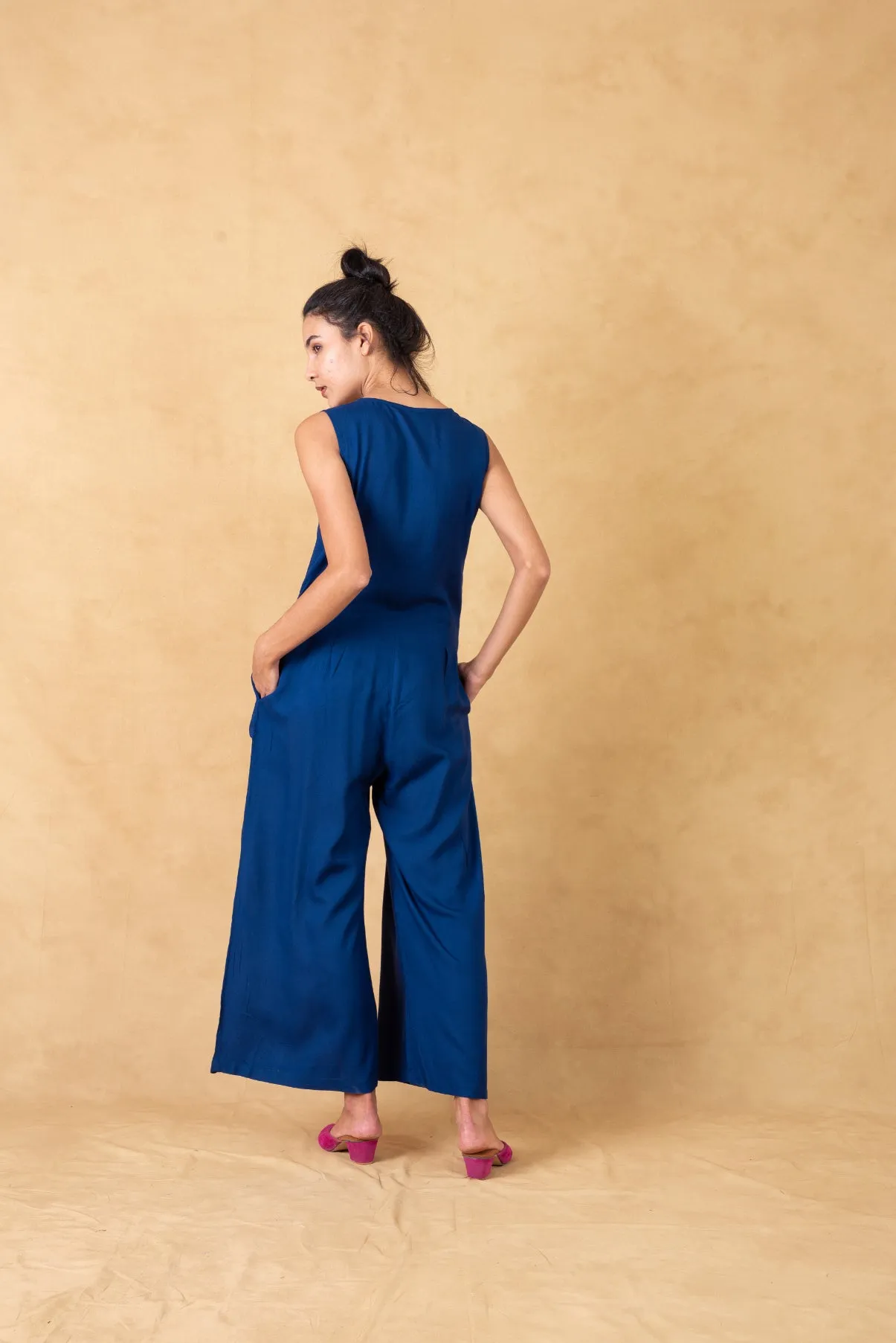 Blue Front Open Jumpsuit With Embroidery