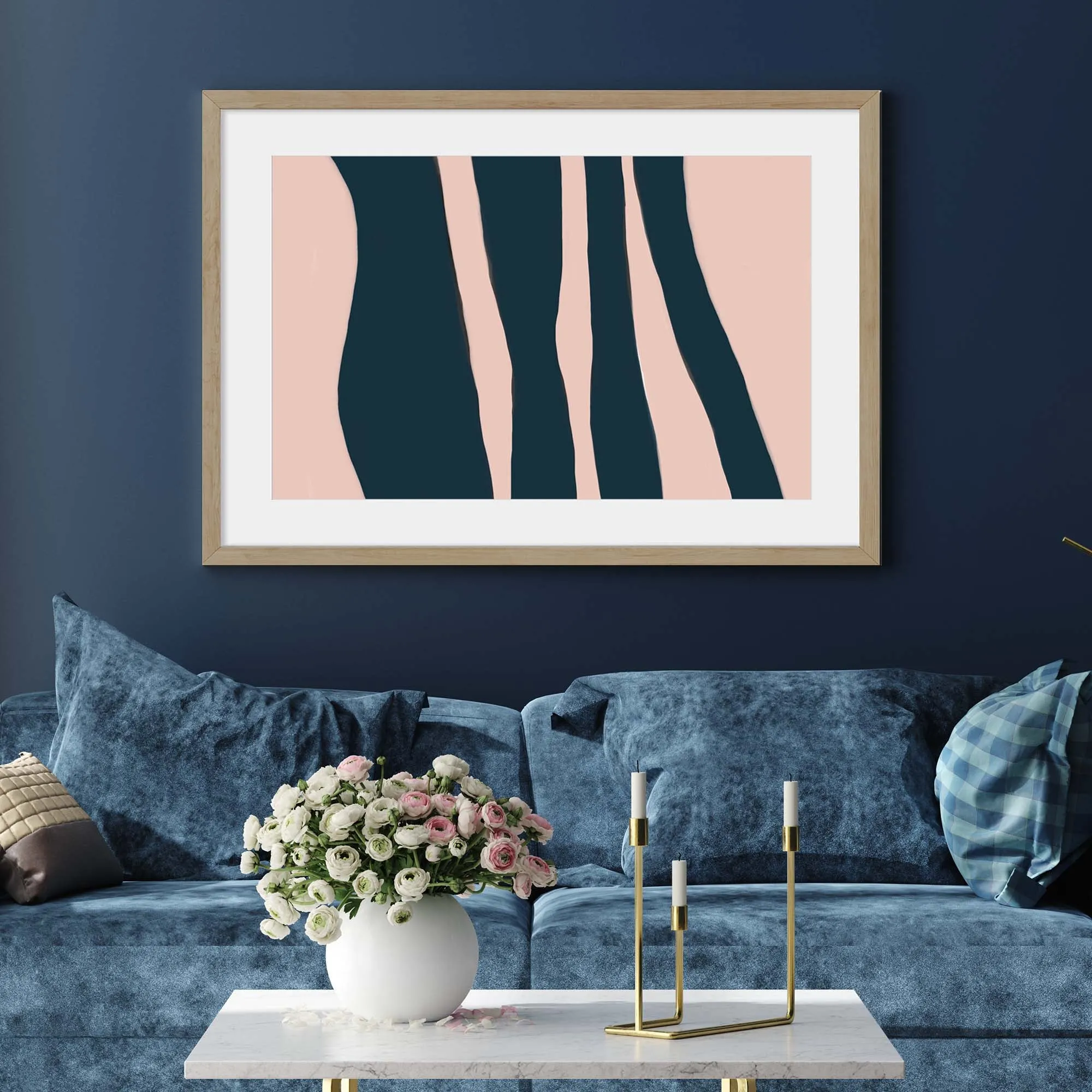 Blush On Navy Stripes Framed Art