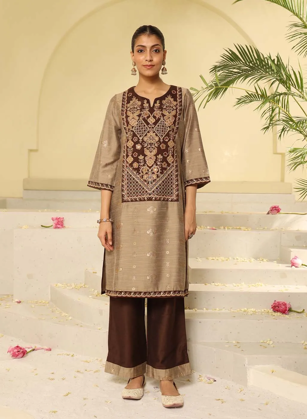 Brown Embroidered Textured Fabric Kurta Set