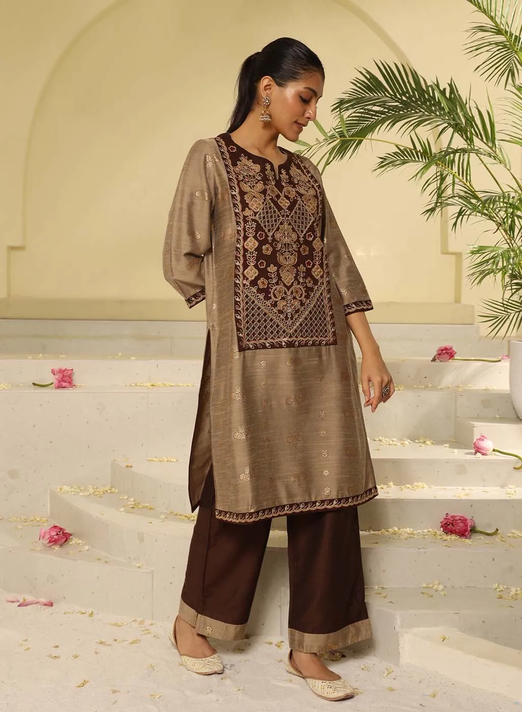 Brown Embroidered Textured Fabric Kurta Set