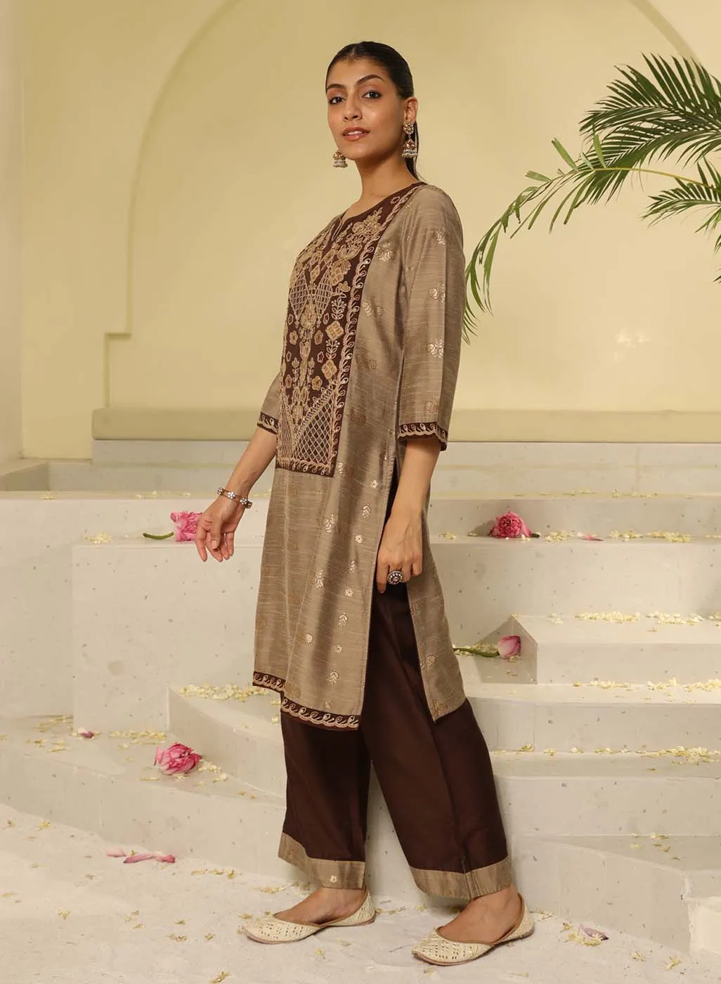 Brown Embroidered Textured Fabric Kurta Set