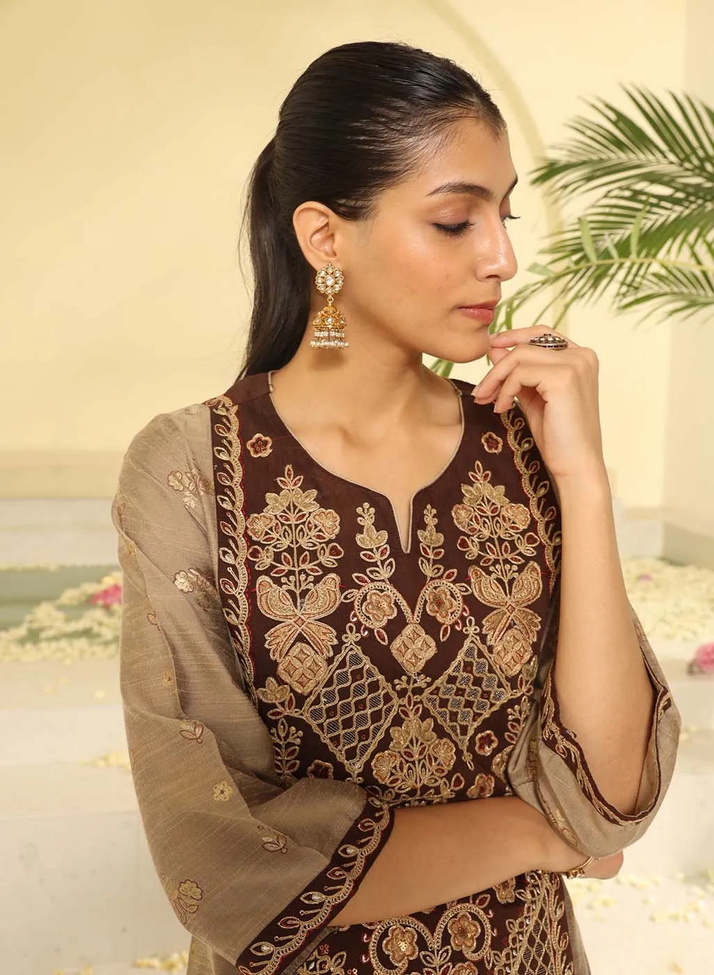 Brown Embroidered Textured Fabric Kurta Set