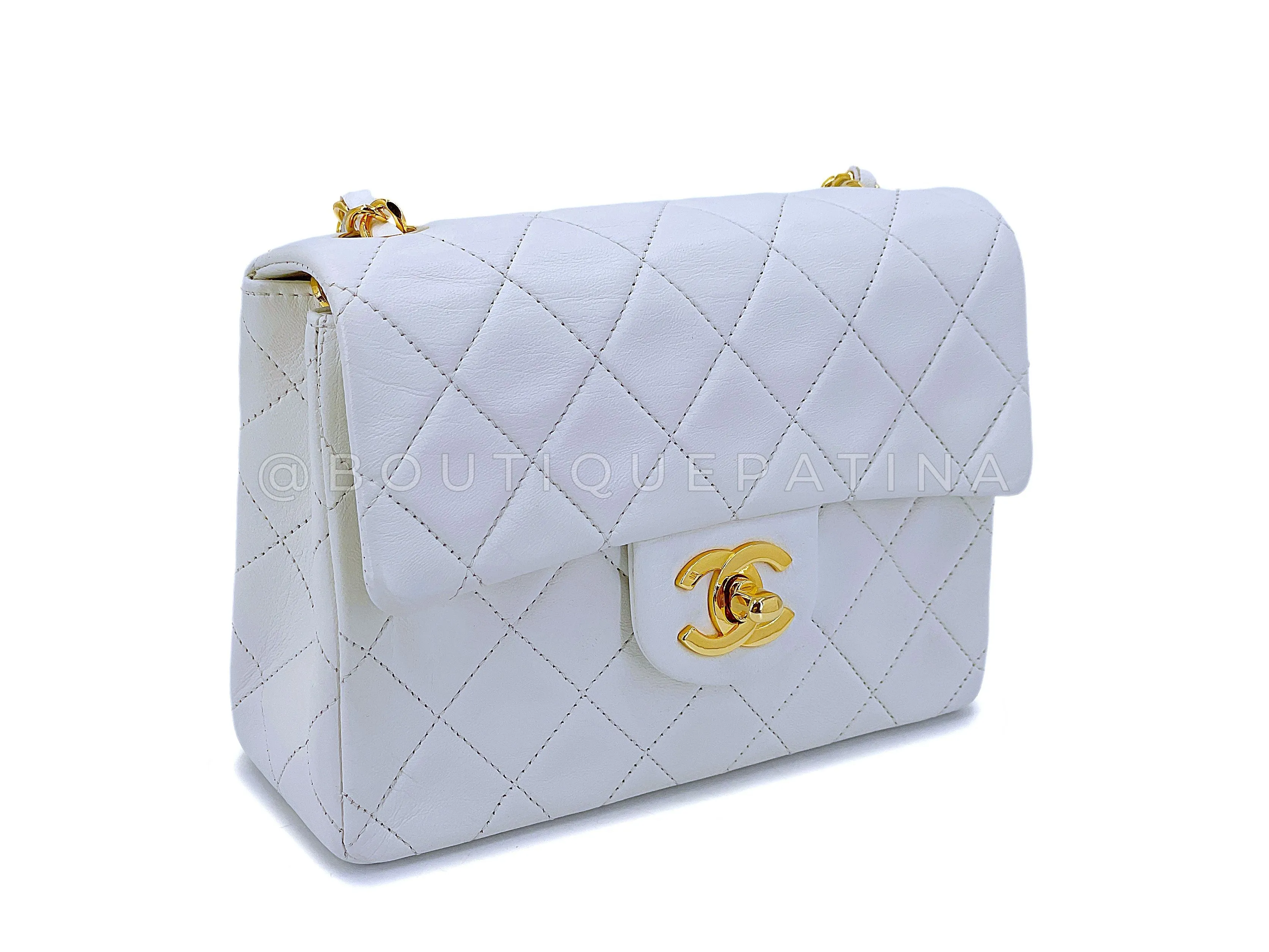 Chanel 1980s Vintage White Square Mini Flap Bag 24k GHW Lambskin