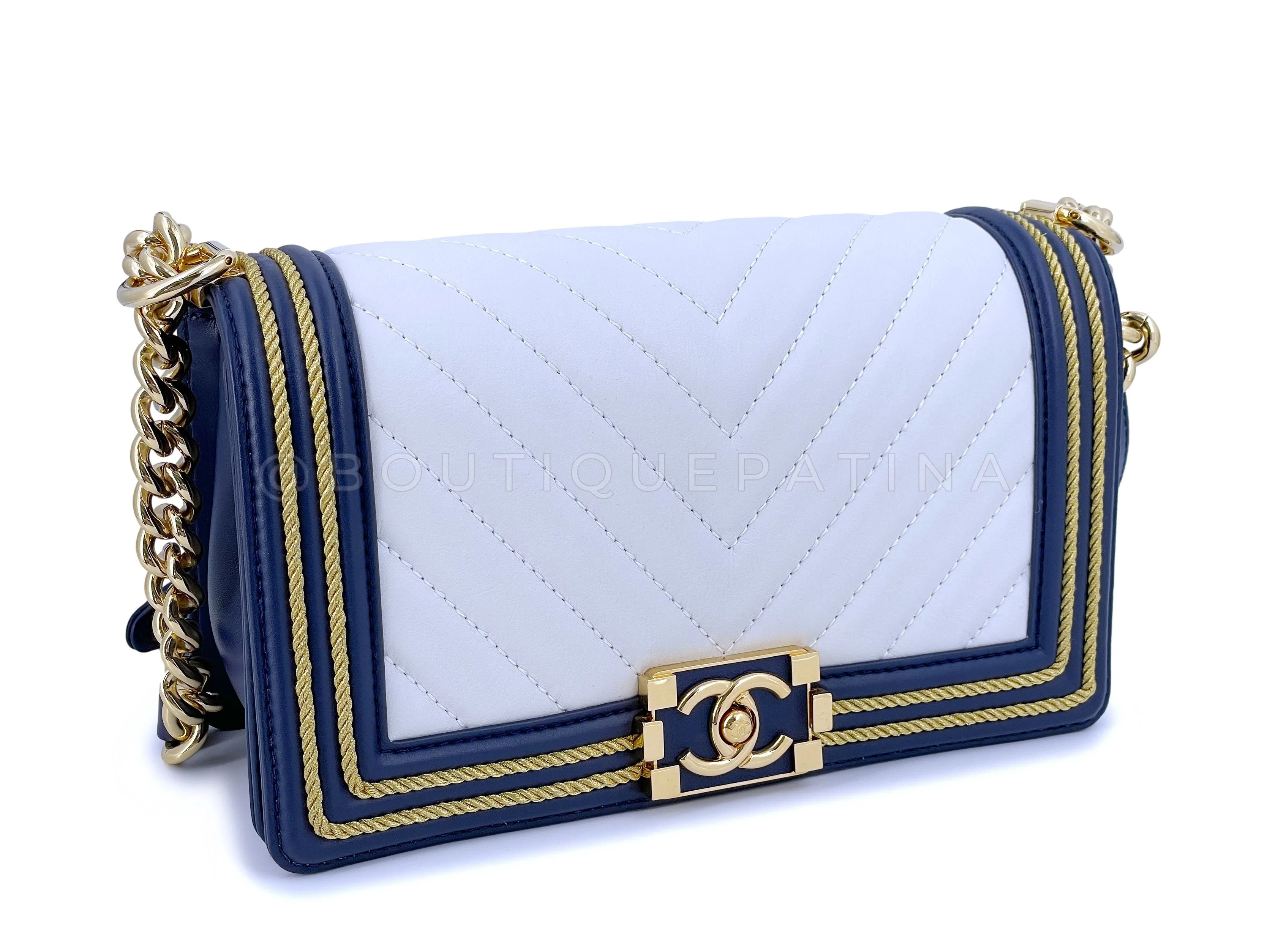 Chanel 19C By the Sea White Chevron Navy Blue Gold Rope Framed Boy Flap Bag GHW