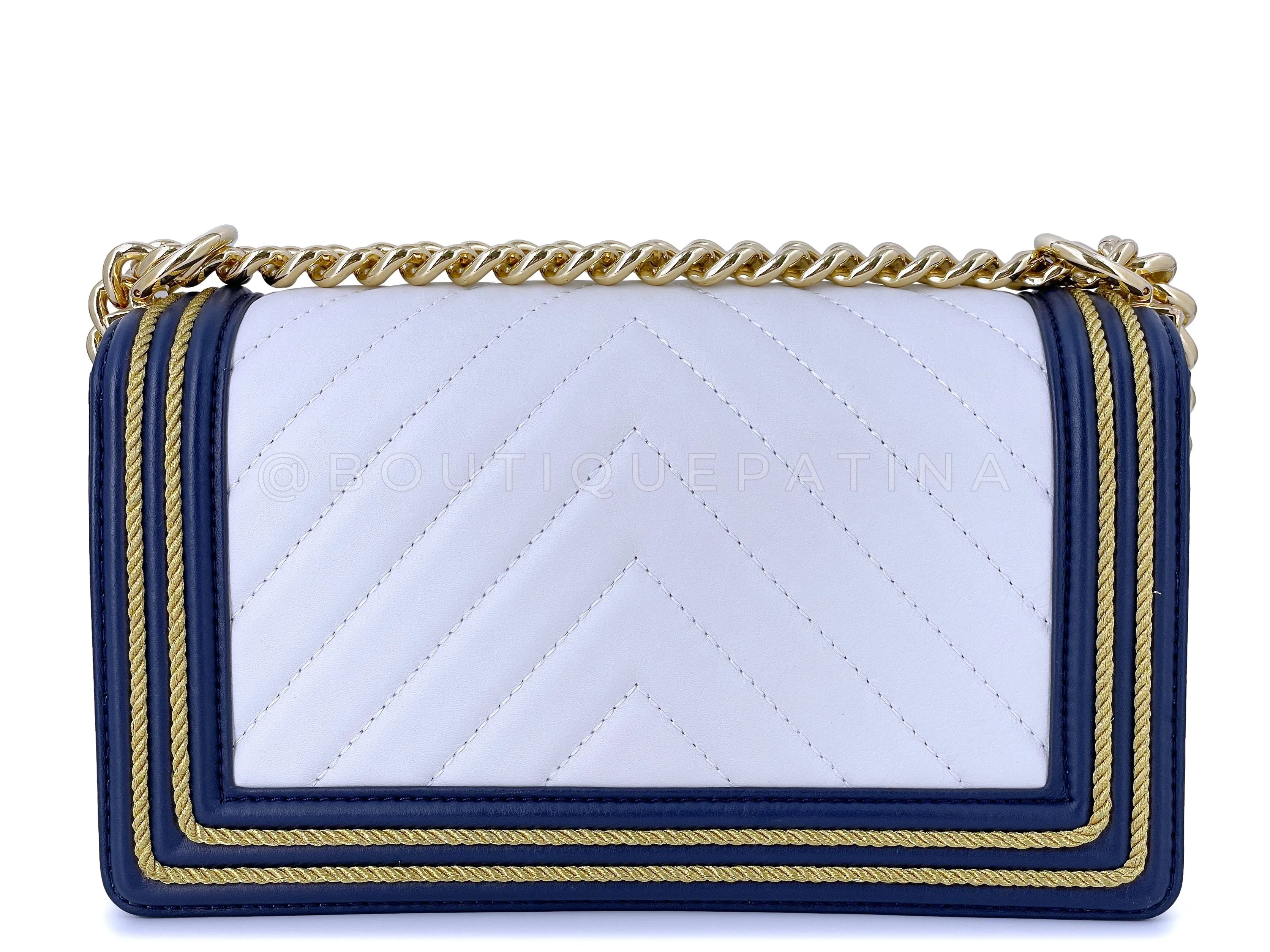 Chanel 19C By the Sea White Chevron Navy Blue Gold Rope Framed Boy Flap Bag GHW