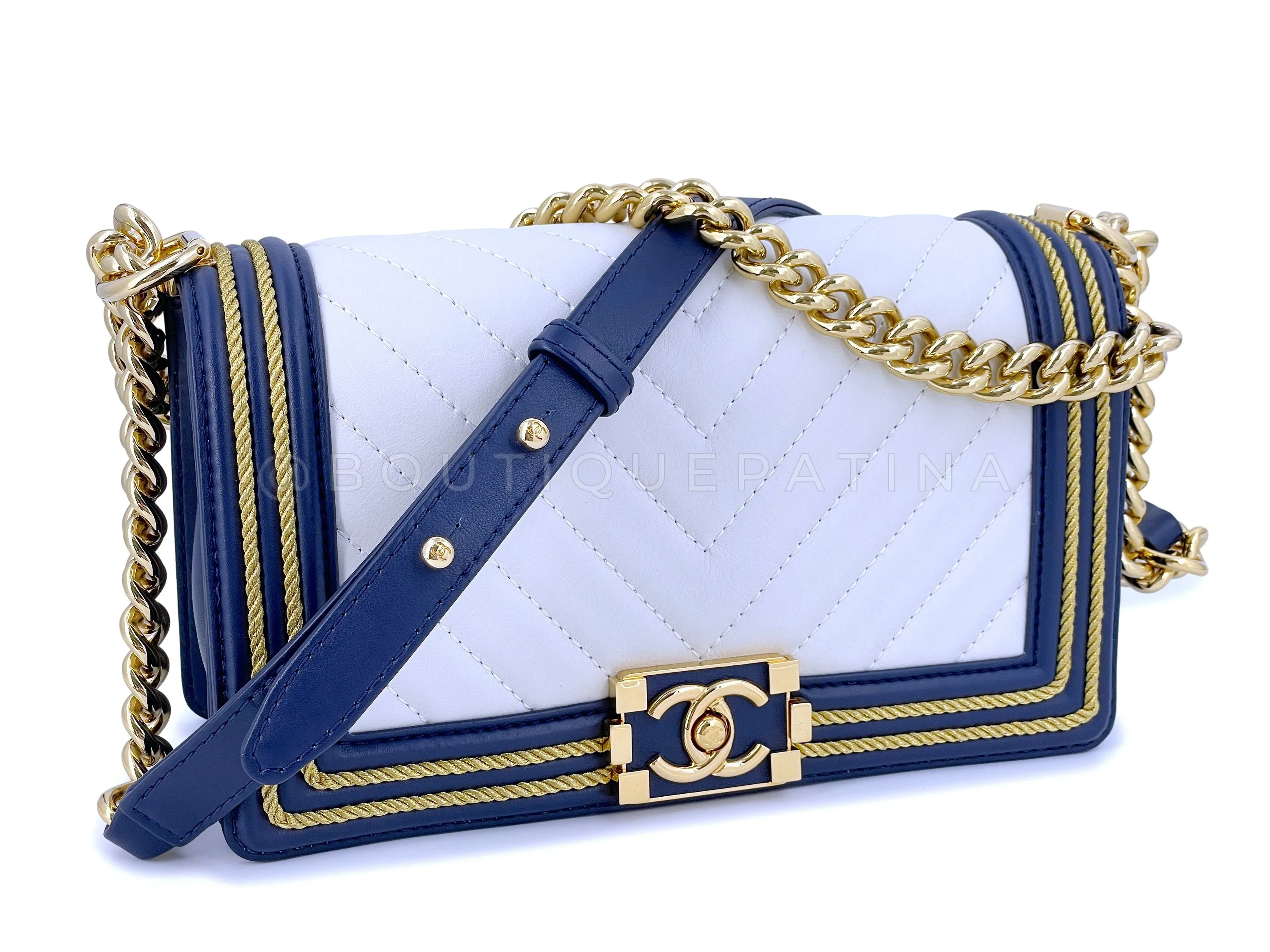 Chanel 19C By the Sea White Chevron Navy Blue Gold Rope Framed Boy Flap Bag GHW