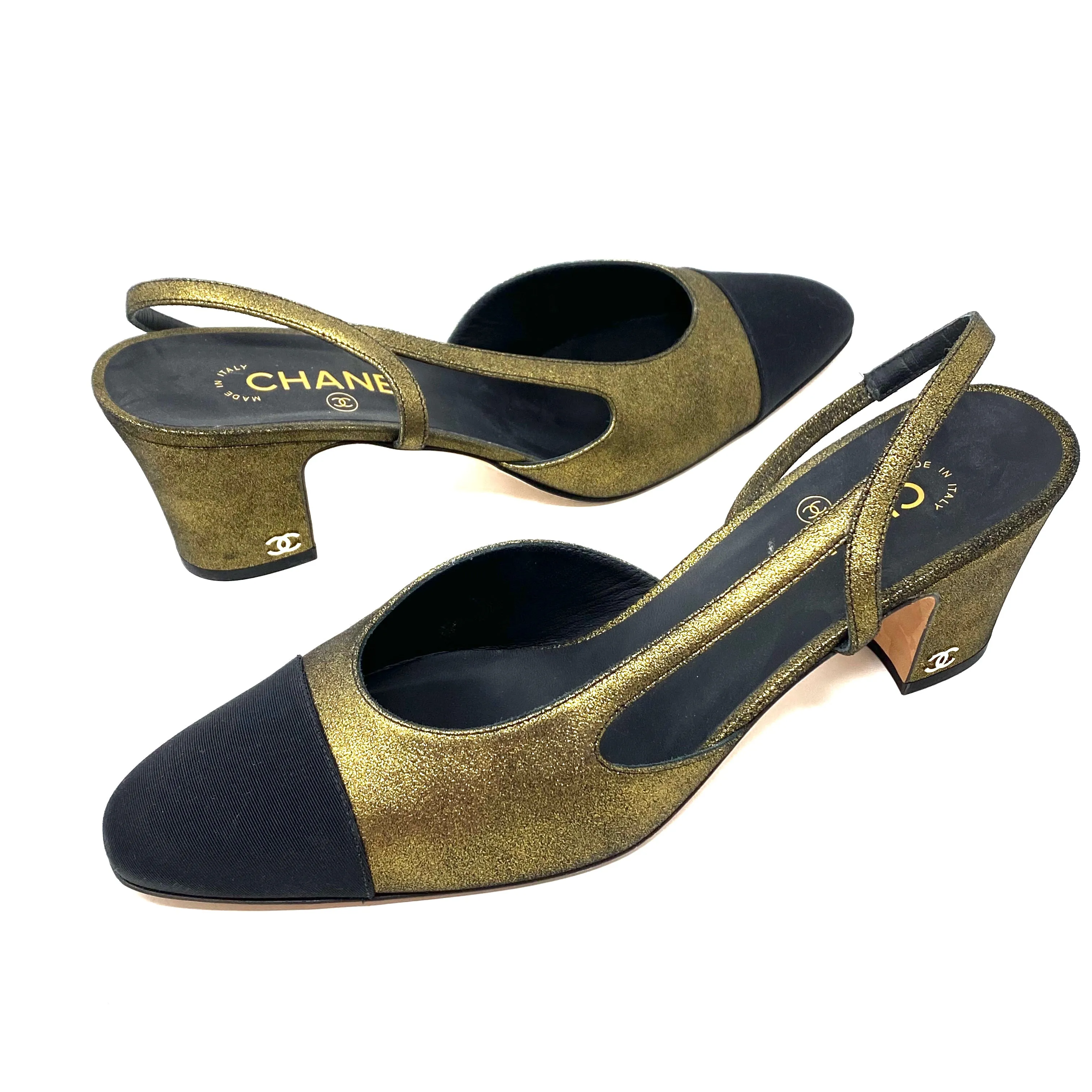 CHANEL Slingbacks Gold Metallic Leather Grosgrain G31318 Size 42