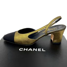 CHANEL Slingbacks Gold Metallic Leather Grosgrain G31318 Size 42