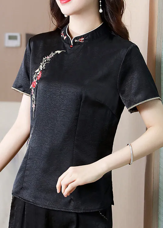 Chinese Style Black Stand Collar Embroidered Silk Top Summer BB033