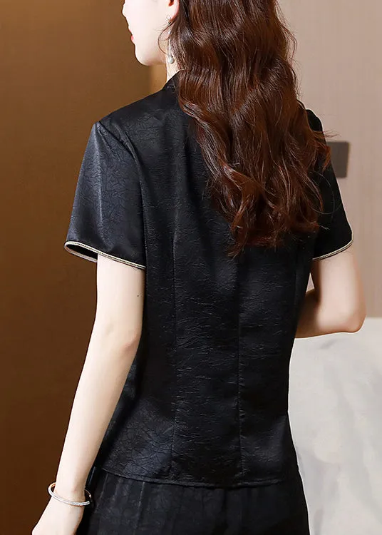 Chinese Style Black Stand Collar Embroidered Silk Top Summer BB033