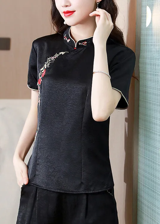 Chinese Style Black Stand Collar Embroidered Silk Top Summer BB033