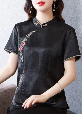 Chinese Style Black Stand Collar Embroidered Silk Top Summer BB033