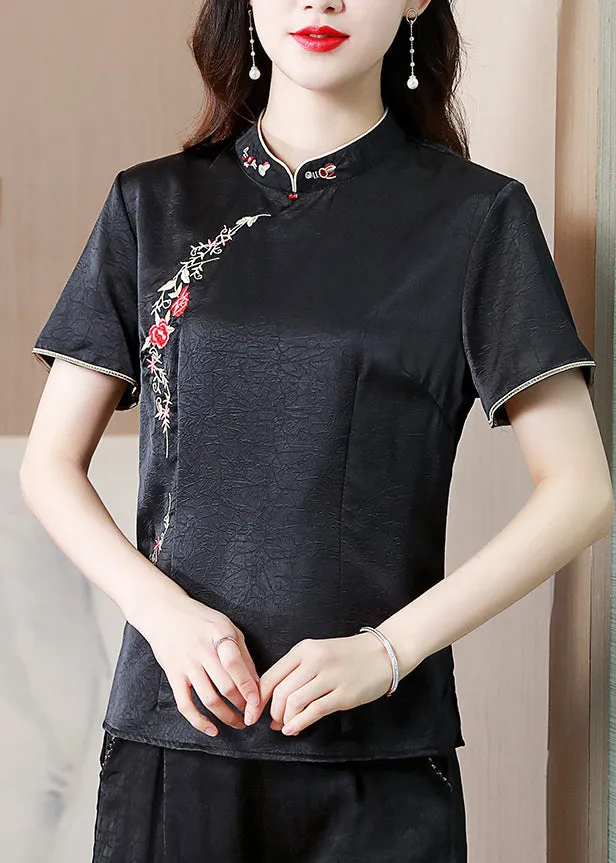 Chinese Style Black Stand Collar Embroidered Silk Top Summer BB033