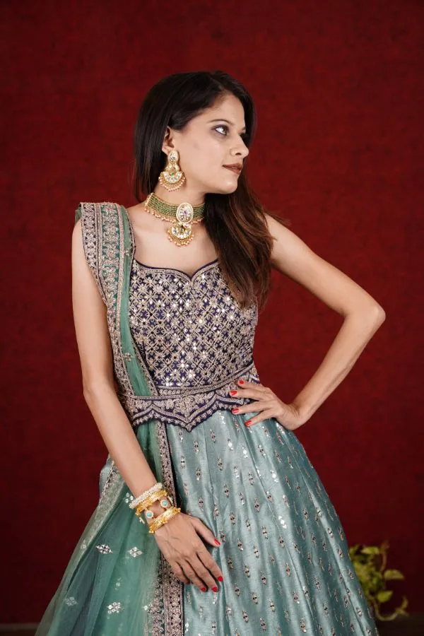 Classy Green colored Anarkali Set with Blue enhancement - Rent