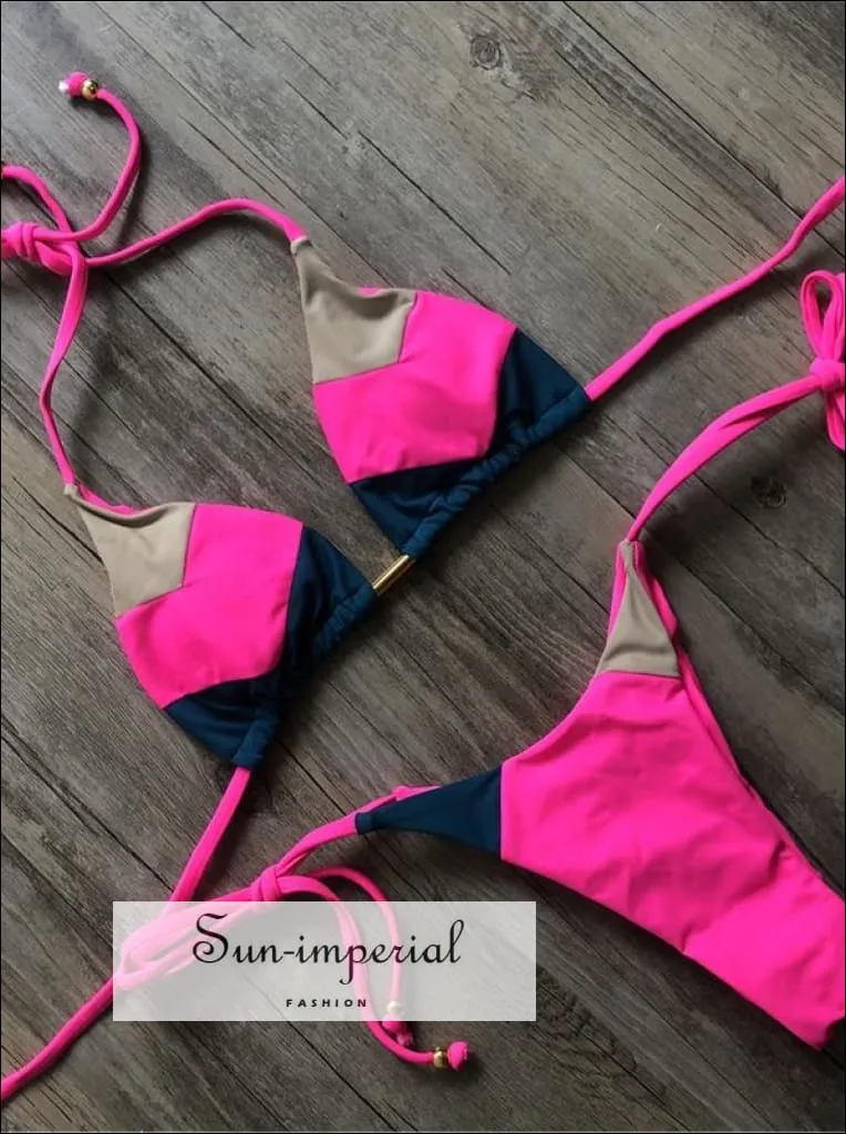 Color Block Pink Blue White Bikini Set Women’s Swimming Suit Halter Drawstring Bathing Suit