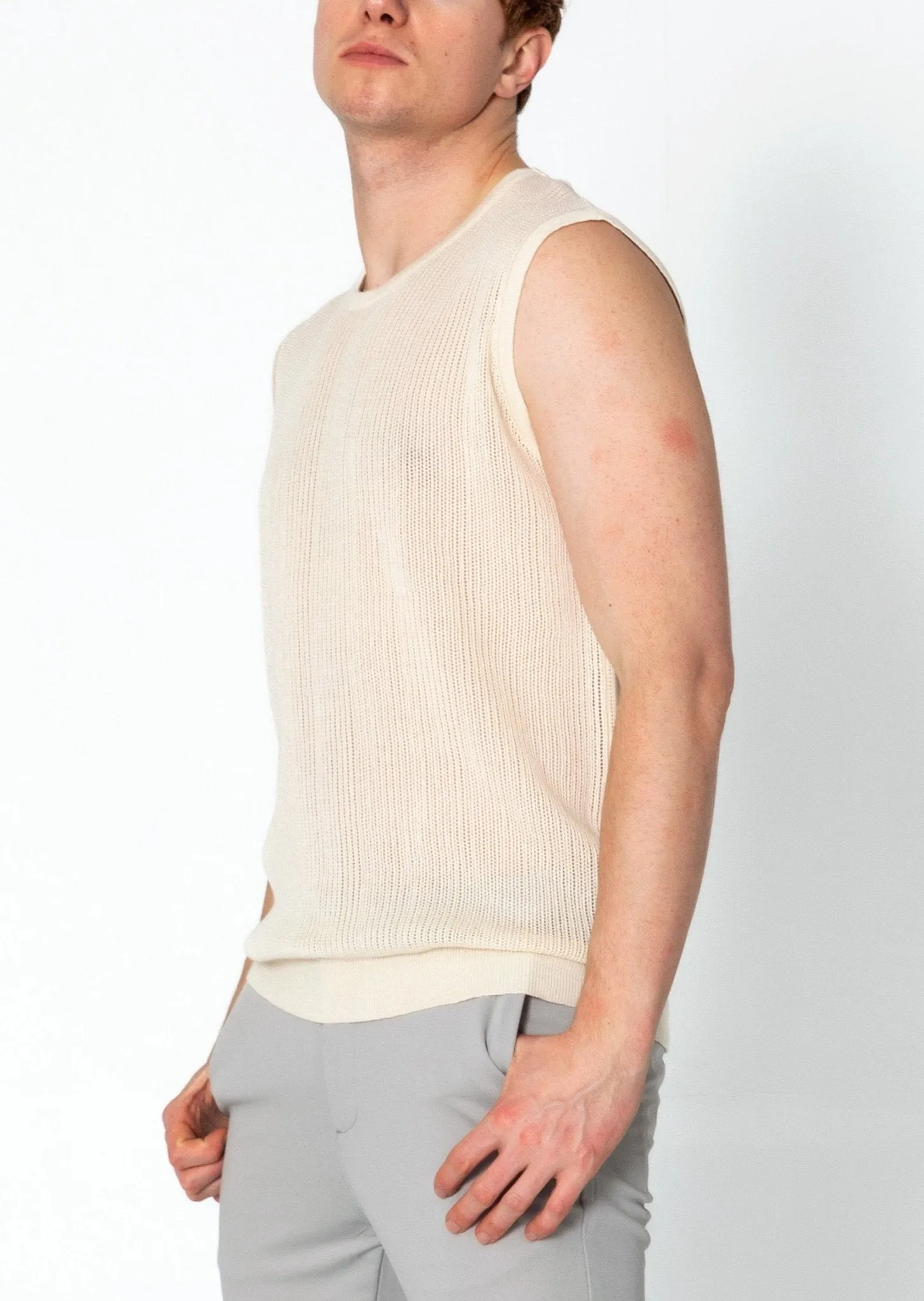 Crew Neck Mesh Tank Top - Beige