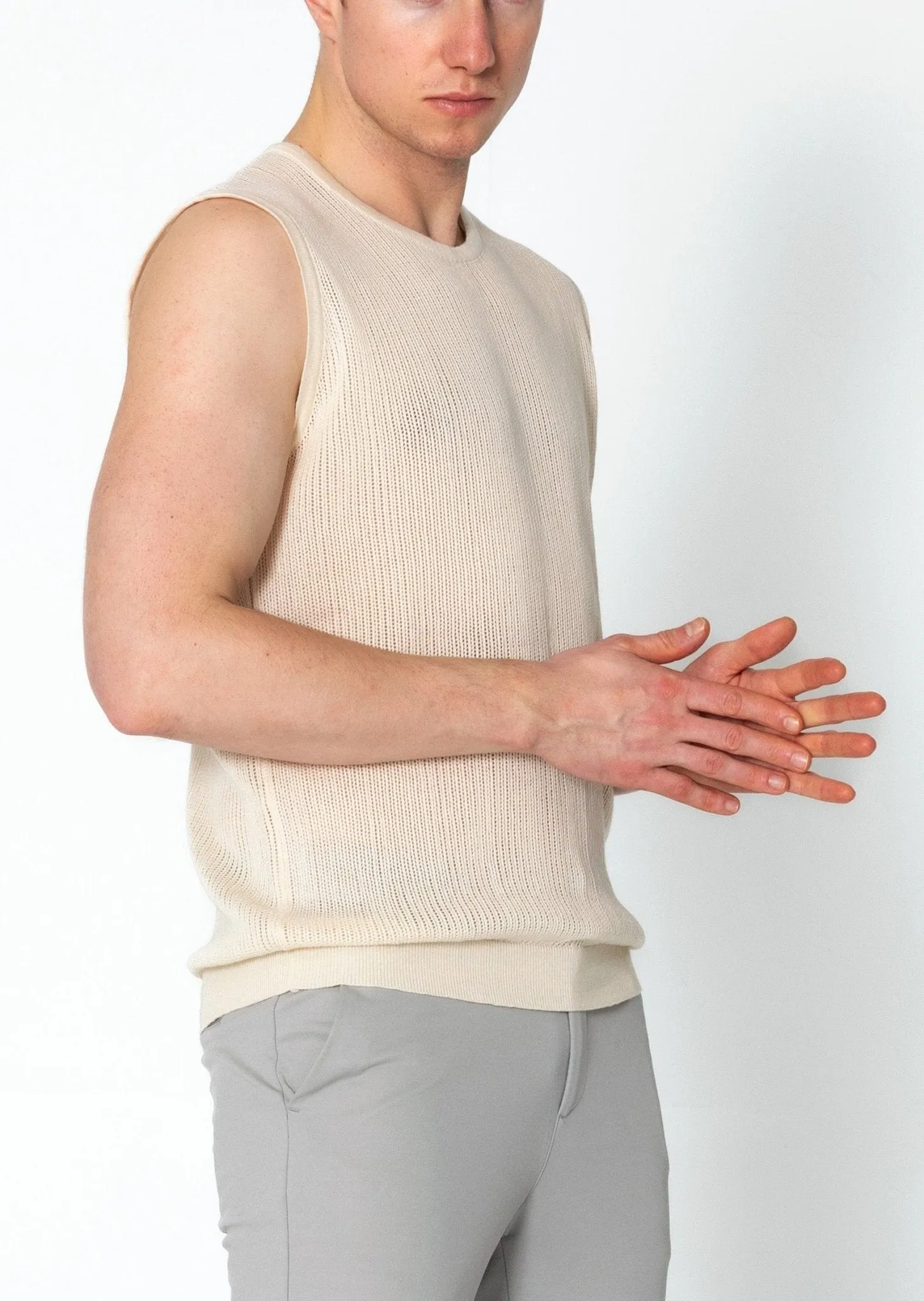 Crew Neck Mesh Tank Top - Beige