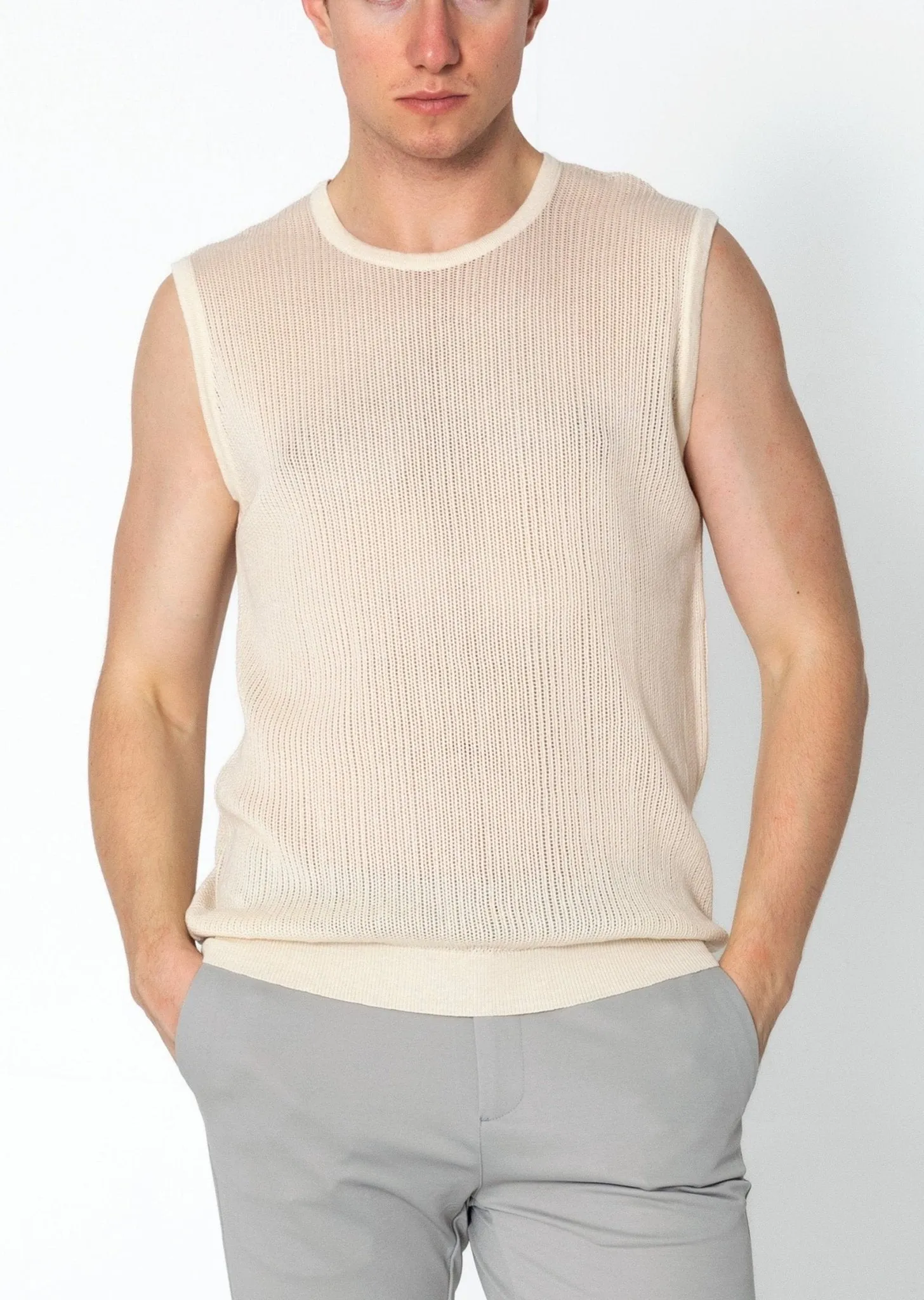 Crew Neck Mesh Tank Top - Beige