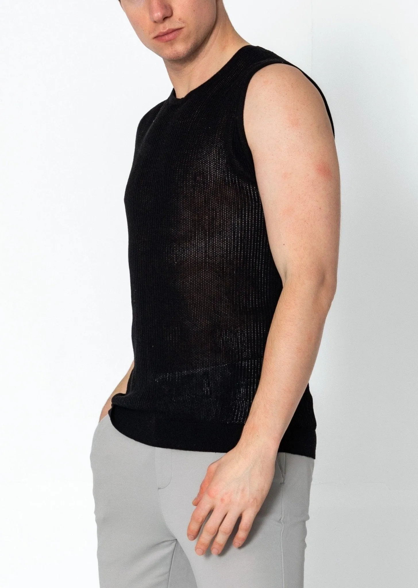 Crew Neck Mesh Tank Top - Black