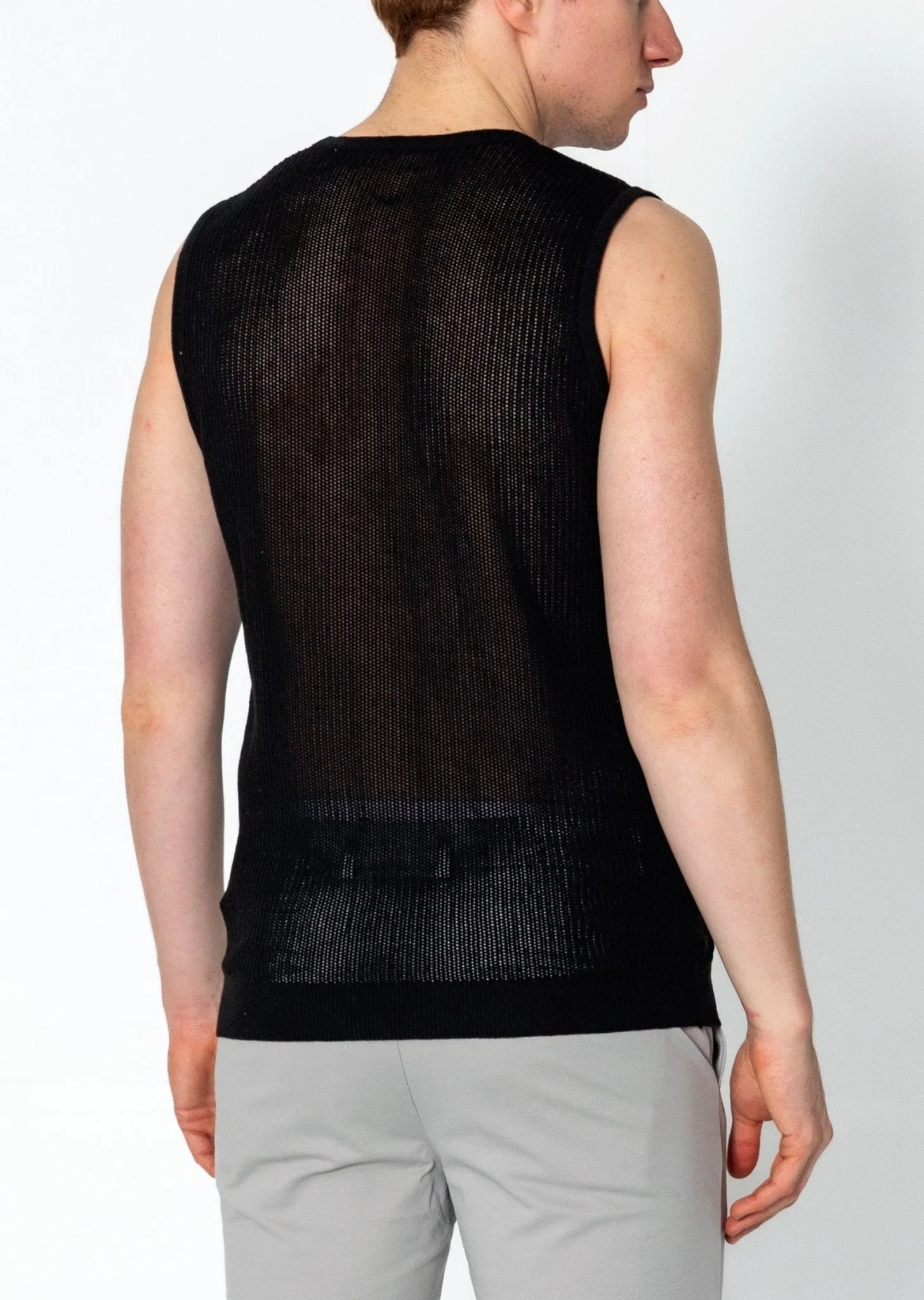 Crew Neck Mesh Tank Top - Black