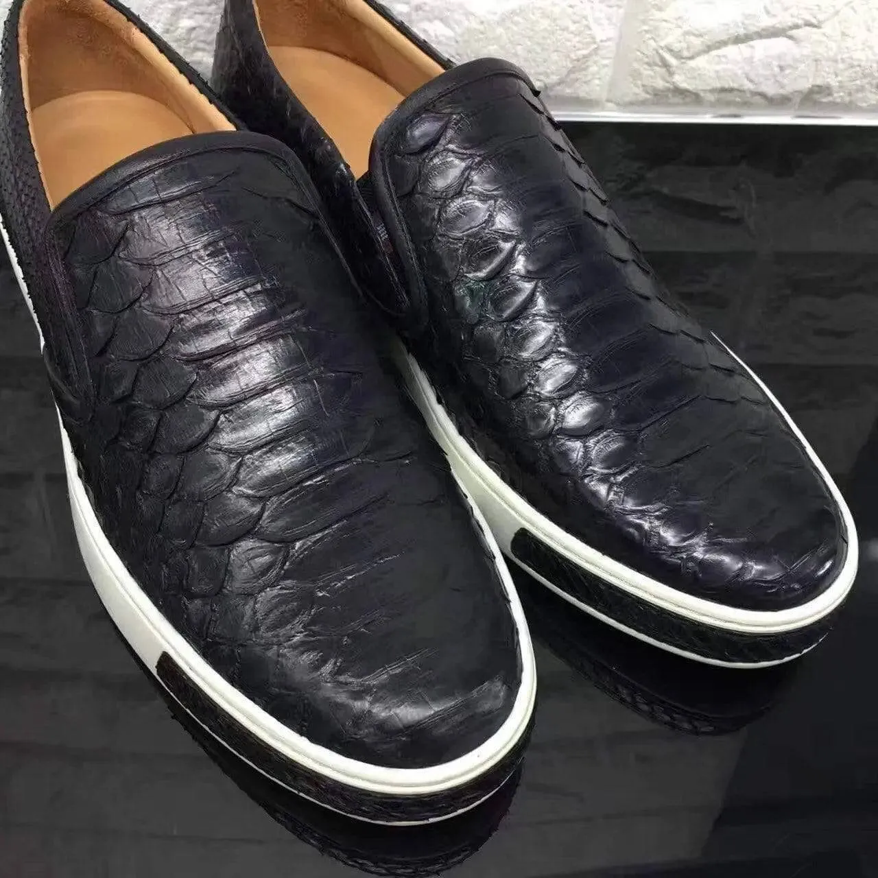 Crocodile Shoes Black Exotic Python Skin leather Platform Loafers