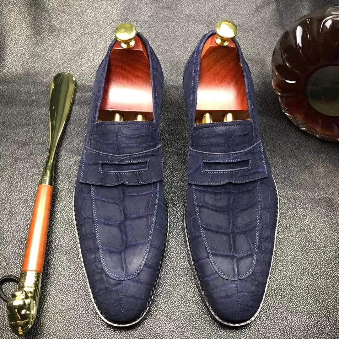 Crocodile Shoes Classic Sanded Genuine Crocodile Leather Slip On loafers driving shoes Blue