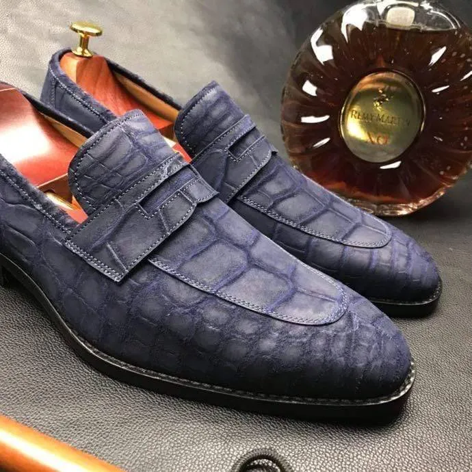 Crocodile Shoes Classic Sanded Genuine Crocodile Leather Slip On loafers driving shoes Blue