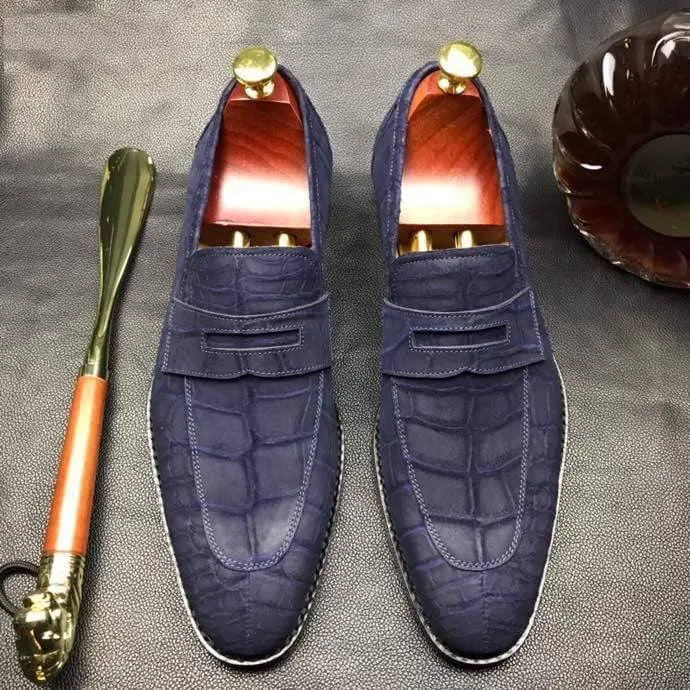 Crocodile Shoes Classic Sanded Genuine Crocodile Leather Slip On loafers driving shoes Blue