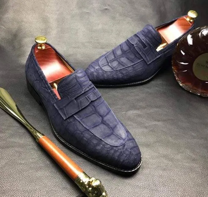 Crocodile Shoes Classic Sanded Genuine Crocodile Leather Slip On loafers driving shoes Blue