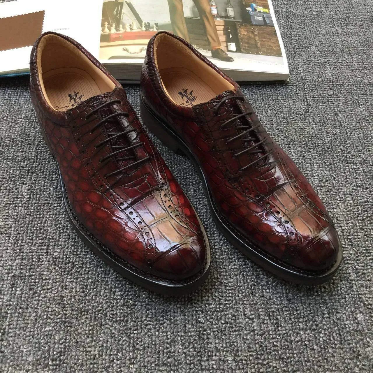 Crocodile Shoes Genuine Crocodile Belly Leather Mens Retro Toe Cap Brogues Shoes