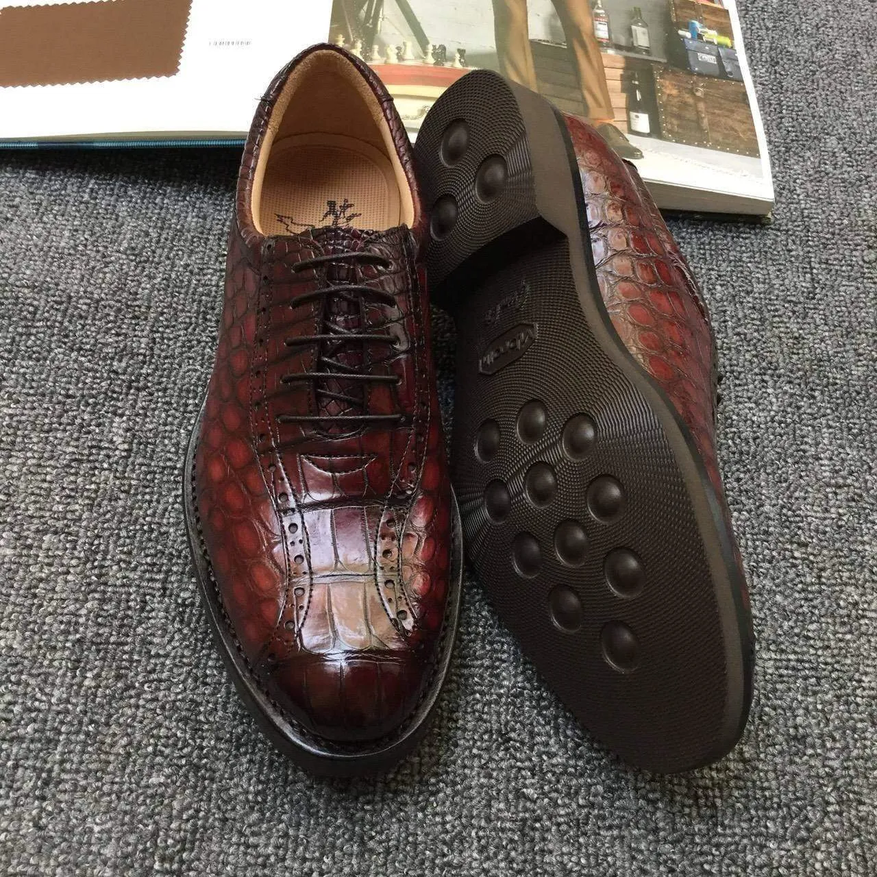 Crocodile Shoes Genuine Crocodile Belly Leather Mens Retro Toe Cap Brogues Shoes