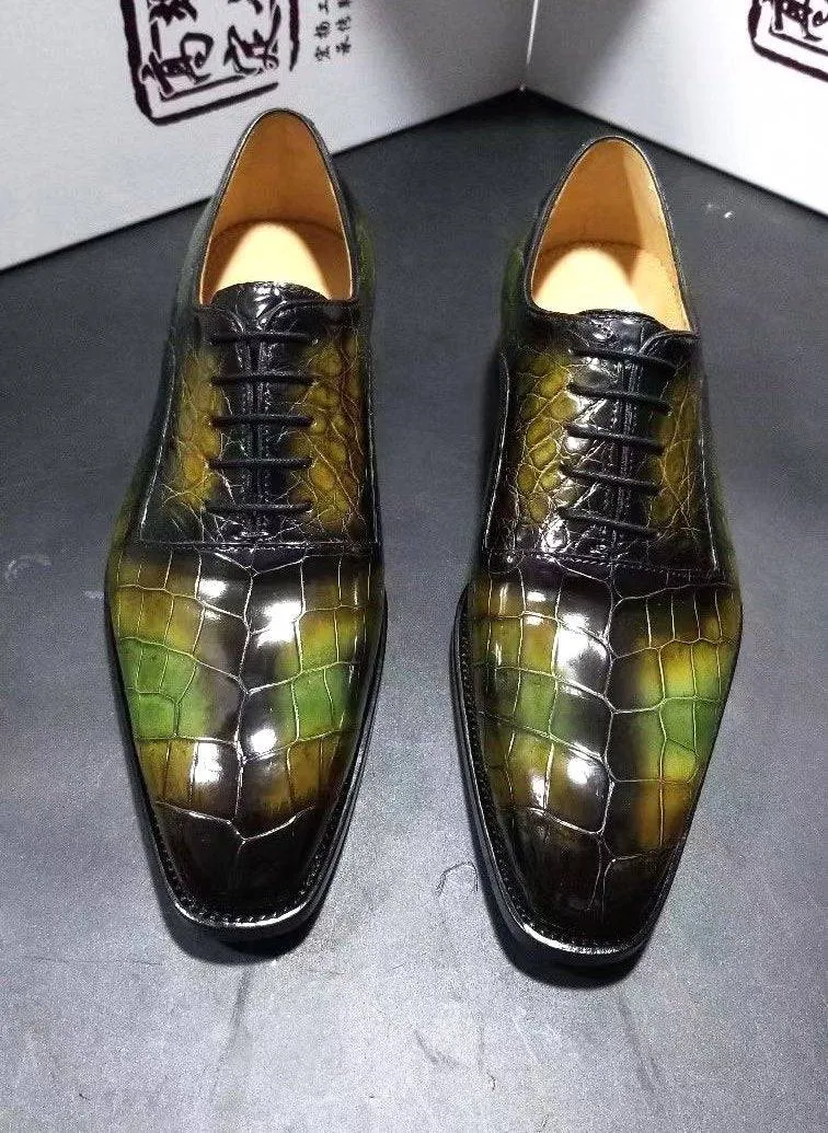 Crocodile Shoes Genuine Crocodile Leather Mens Lace up Dress Shoes Hand Painted Vintage Green