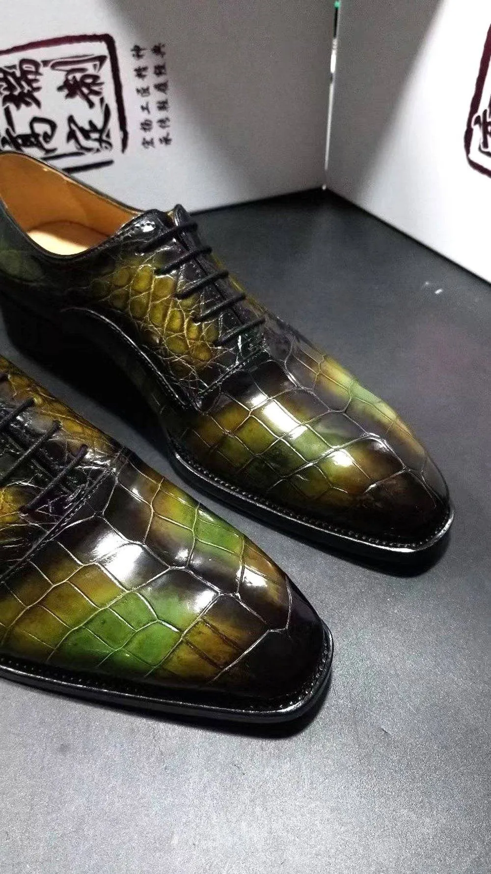 Crocodile Shoes Genuine Crocodile Leather Mens Lace up Dress Shoes Hand Painted Vintage Green