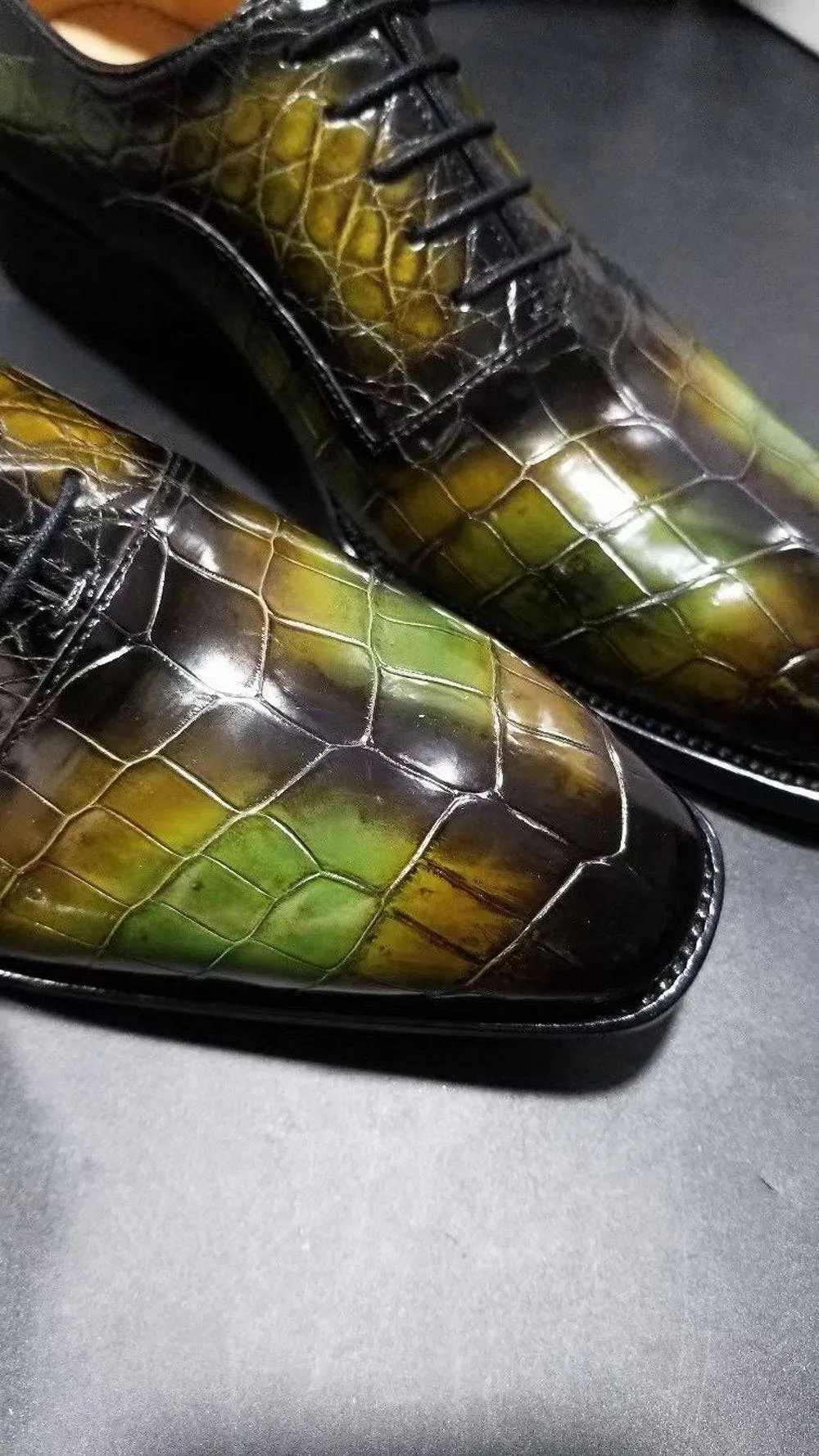 Crocodile Shoes Genuine Crocodile Leather Mens Lace up Dress Shoes Hand Painted Vintage Green