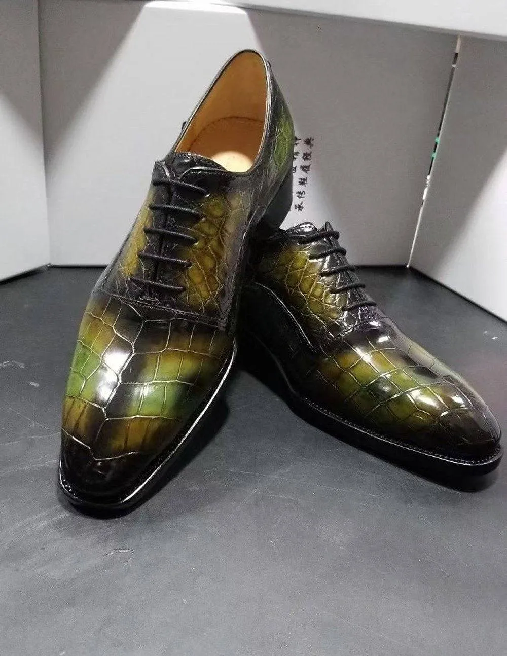 Crocodile Shoes Genuine Crocodile Leather Mens Lace up Dress Shoes Hand Painted Vintage Green