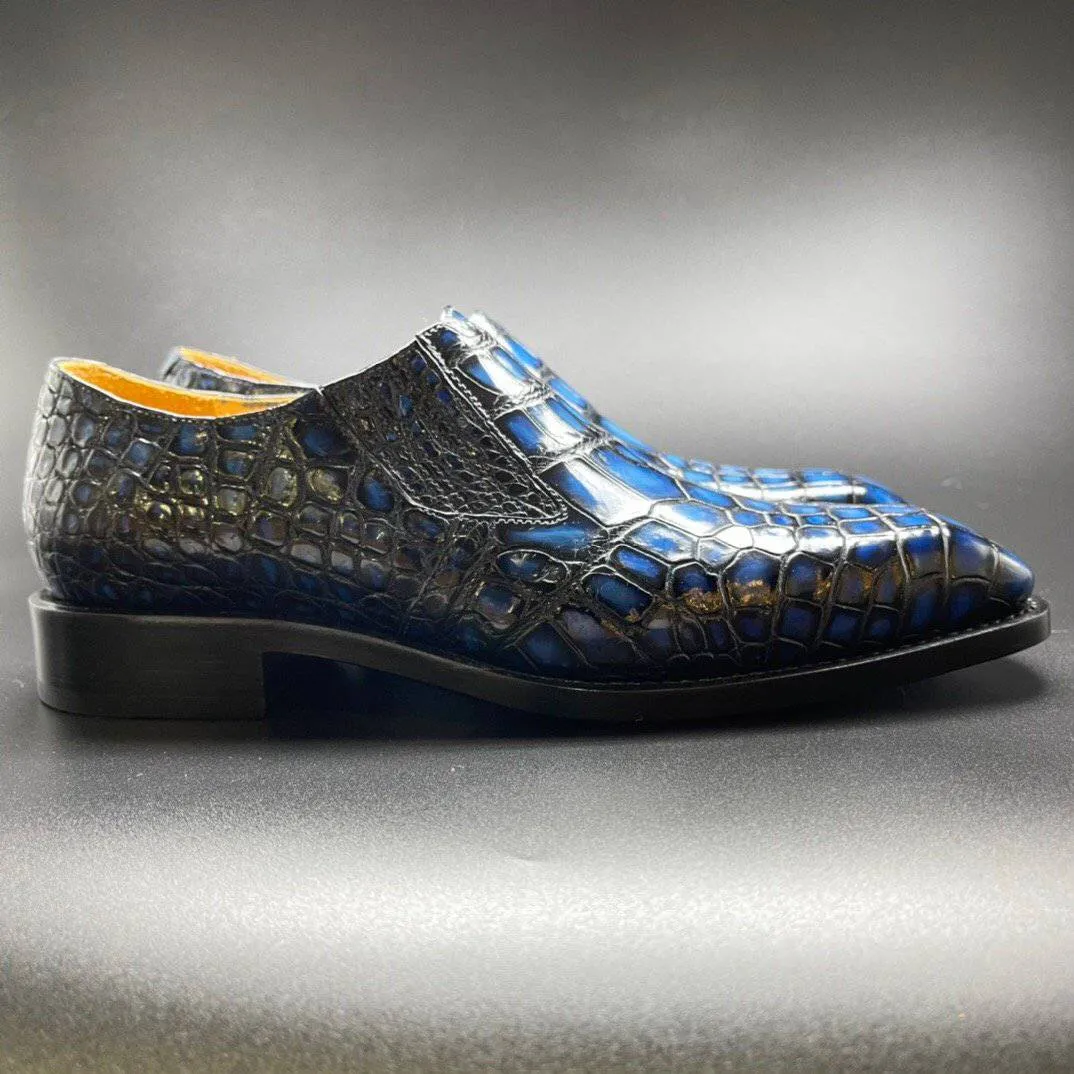 Crocodile Shoes Genuine Crocodile Leather Mens Penny Loafers Dress Shoes Hand Painted Vintage Blue